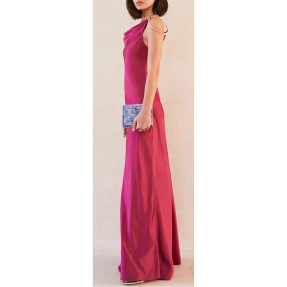 CULT GAIA Azaelia Gold Ring Shoulder Detail Cowl Neck Peony Pink Maxi Dress Sz M - Picture 3 of 13